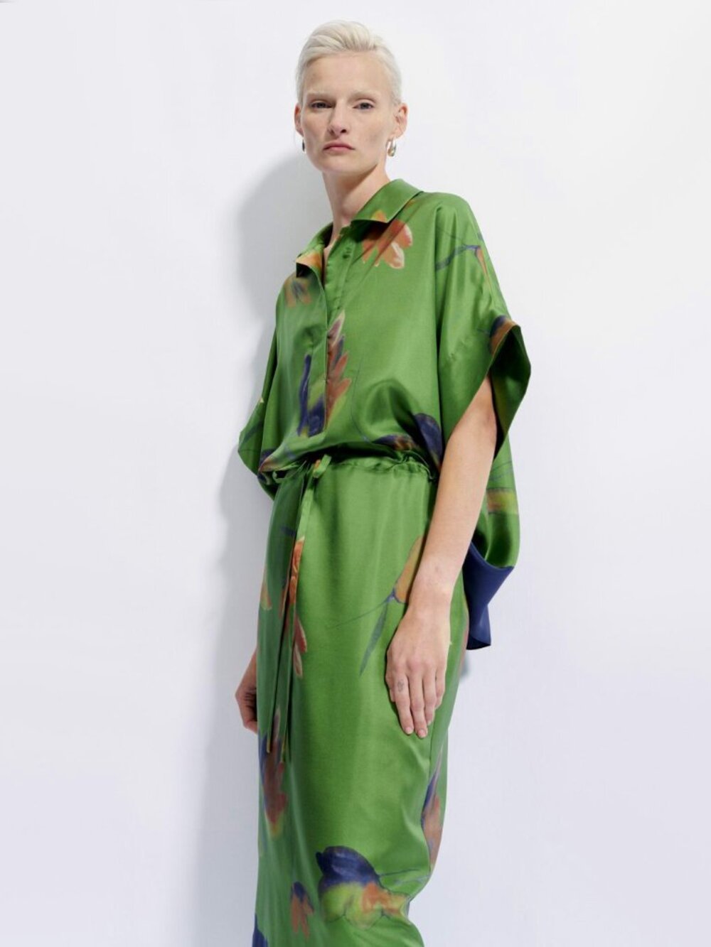 Natan Printed Silk Top in Green, size 34 (fits oversize, like what you'd expect
